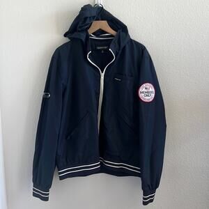 Members Only Navy Jacket Front Zip Hooded Patchwork Branding Flaw XXL